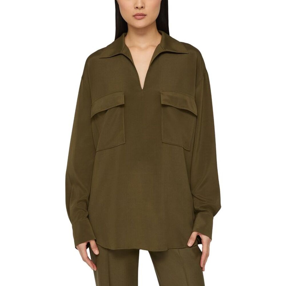 Lafayette 148 New York Womens Patch Pocket Silk-Blend Popover Shirt